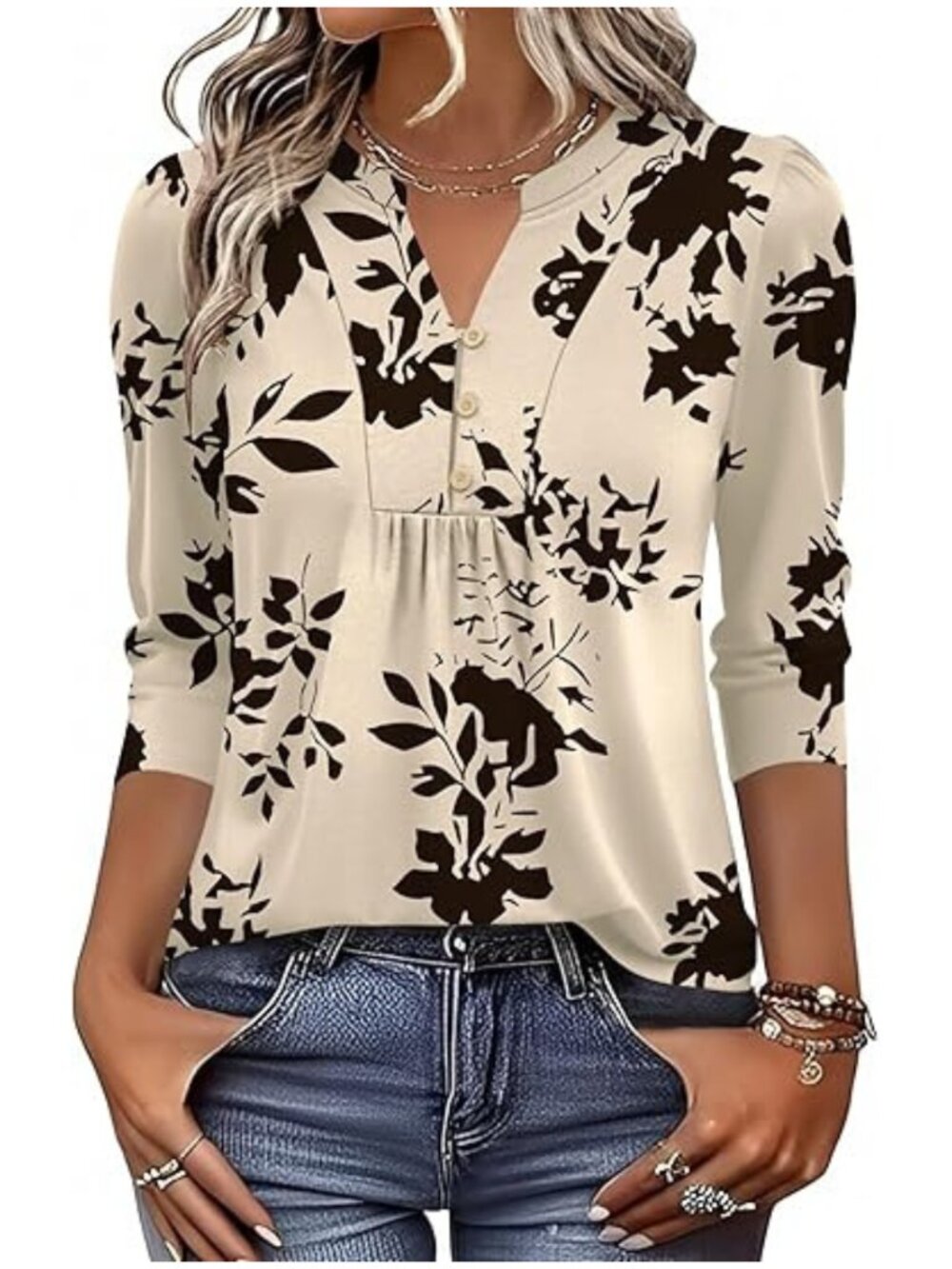 IECCP Women Henley V-Neck Pleated 3/4 Sleeve Casual Dressy Blouse Top